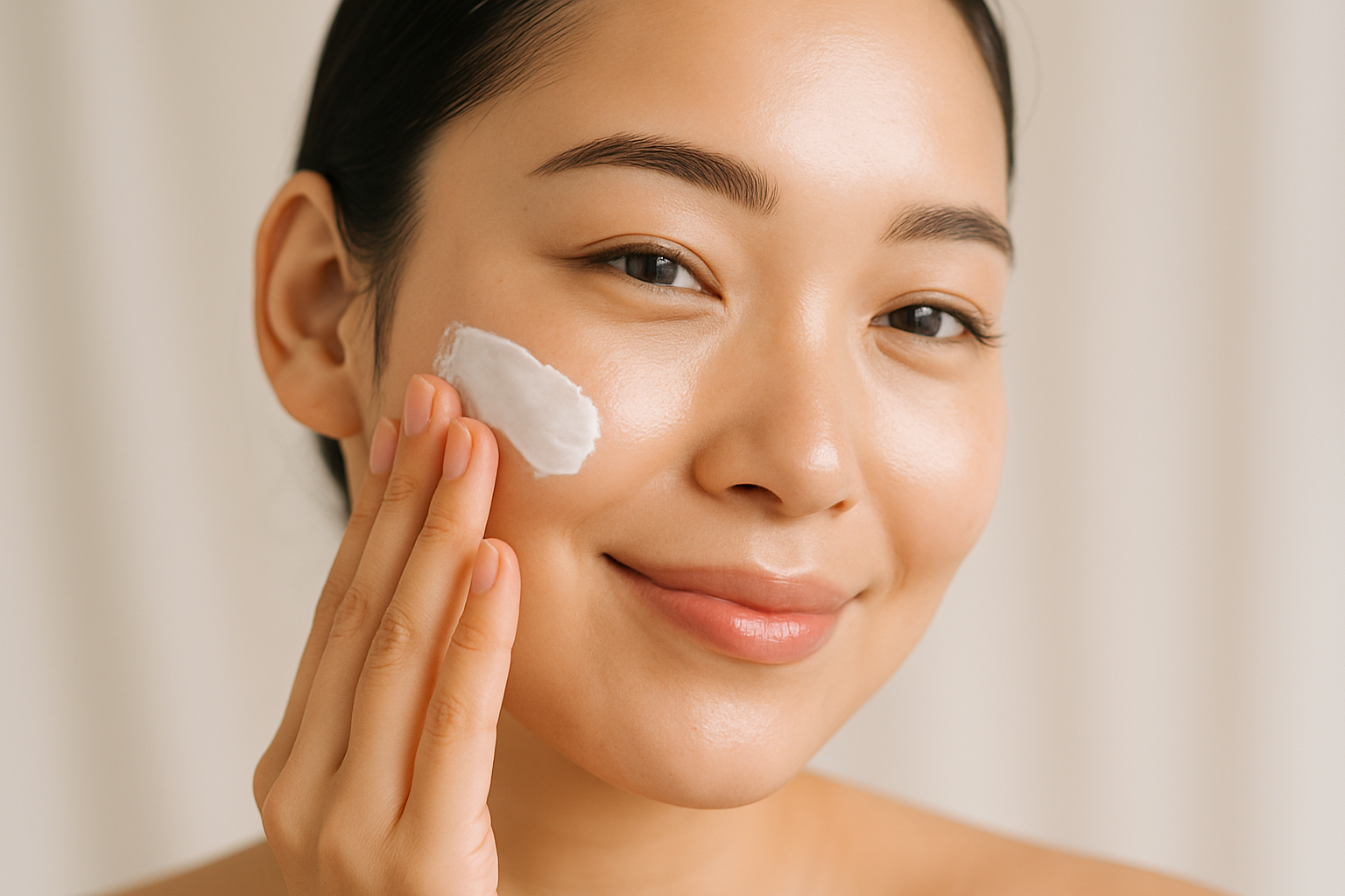 Please create a picture of an close up of an asian woman smiling and rubbing some cream into her freshly cleaned face