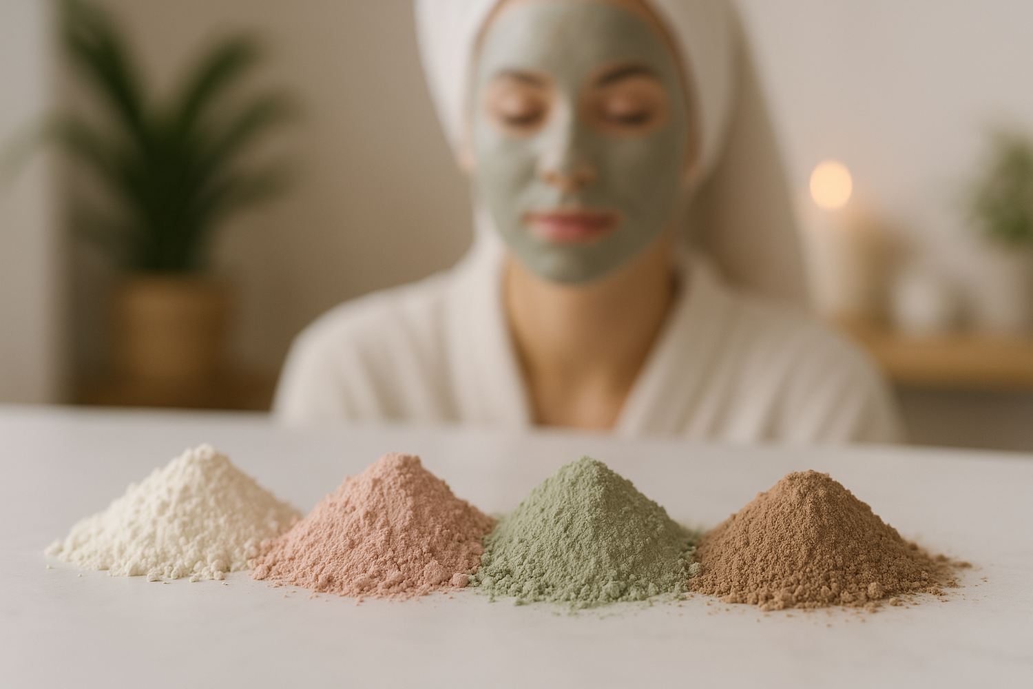 Can you please make a picture of several piles of clay for making face masks and mixes of different colors of clay for face masks and someone in the background with a mask on
