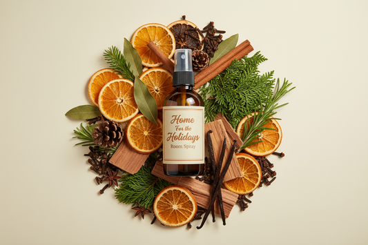 make all the ingredients more in piles and scattered around and put the spray bottle upright and a label that say Home For the Holidays Room Spray